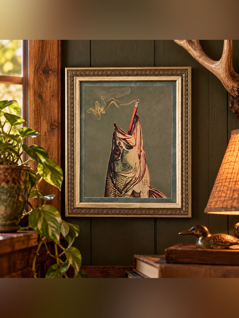Bass Fish Smoking a Cigarette Vintage Style Canvas Wall Art Print Metal Framed